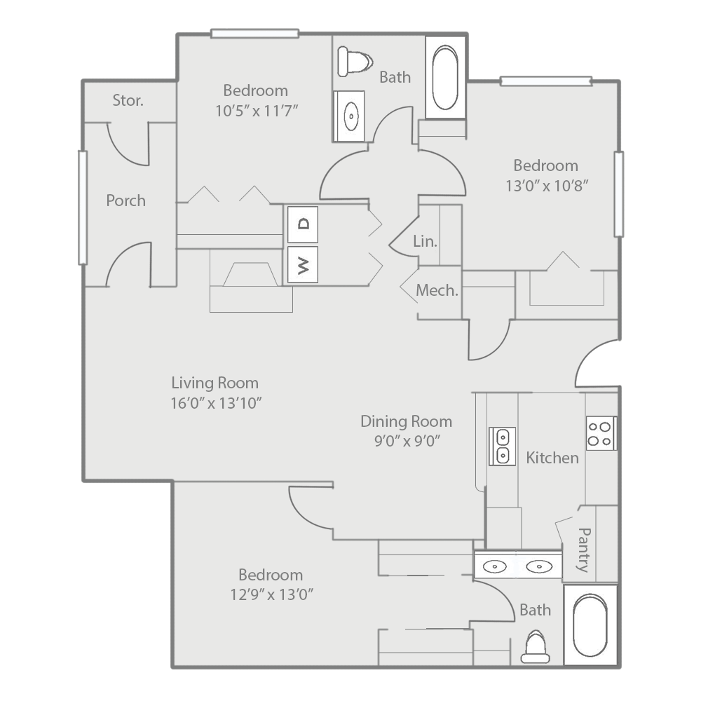 Floor plan for 3 beds, 2 baths, 1457 sqft
